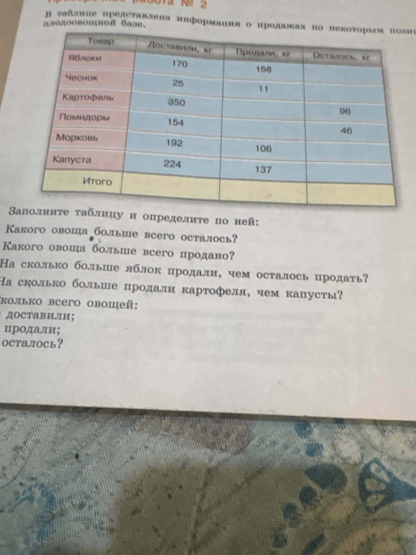 Фото задания: В магазине представлена информация о продажах по некоторым овощам. Заполните таблицу и определите по ней: какого овоща больше…
