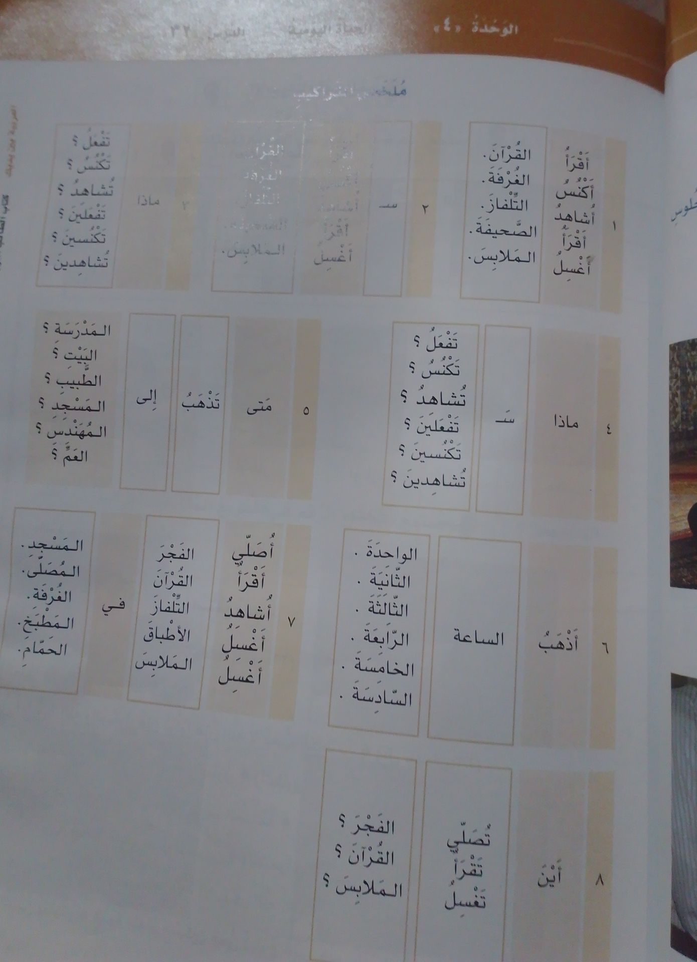 Фото задания: ١. صِلِ الأفعالَ بما يناسبها: أقرأ، أكنس، أشاهد، أقرأ، أغسل؛ القرآن، الغرفة، التلفاز، الصحيفة، الملابس.