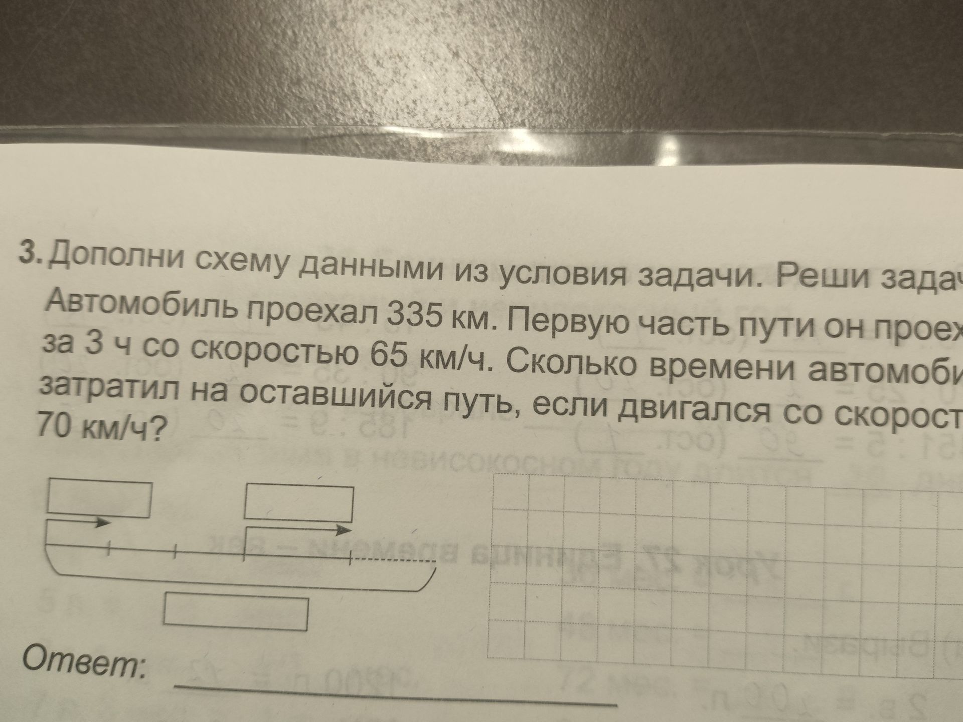 Фото задания: 3. Дополни схему данными из условия задачи. Реши задачу. Автомобиль проехал 335 км. Первую часть пути он проехал за 3 ч со…