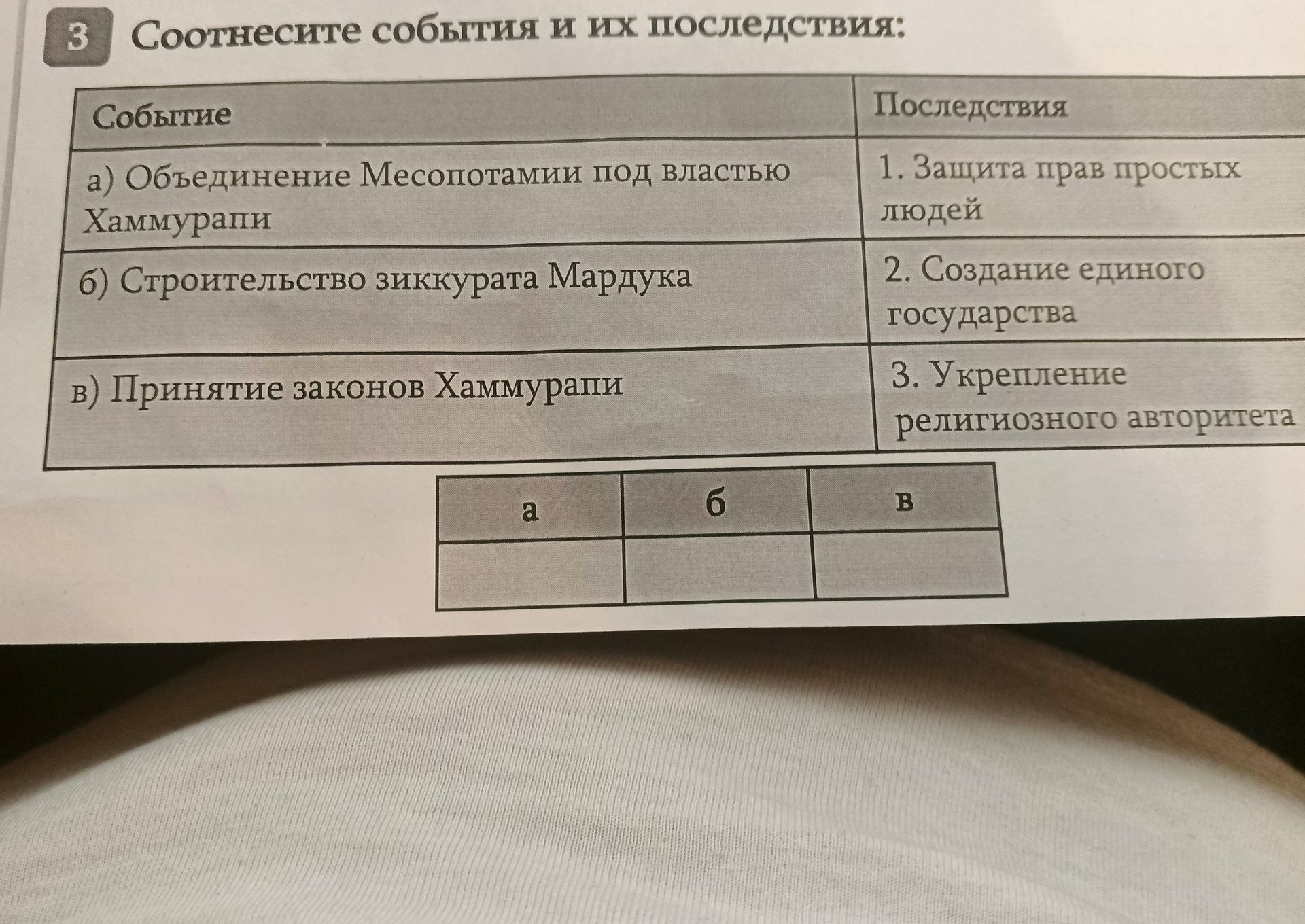 Фото задания: 3. Соотнесите события и их последствия: а) объединение Месопотамии под властью Хаммурапи; б) строительство зиккурата Мардука;…
