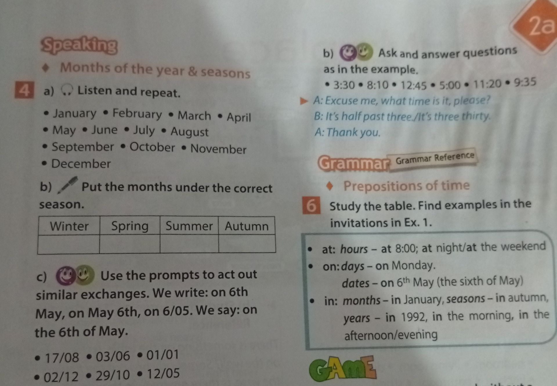 Фото задания: 4b) Ask and answer questions as in the example: 3:30 • 8:10 • 12:45 • 5:00 • 11:20 • 9:35. Example: A: Excuse me, what time…