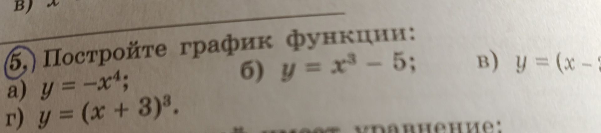 Фото задания: 5. Постройте график функции: а) \(y=-x^4\); б) \(y=x^3-5\); в) \(y=(x-[числовые данные обрезаны]\); г) \(y=(x+3)^3\).