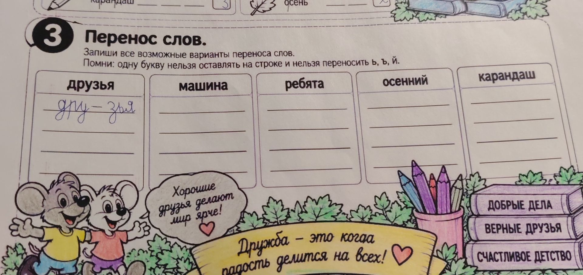 Фото задания: 3. Перенос слов. Запиши все возможные варианты переноса слов: друзья, машина, ребята, осенний, карандаш. Помни: одну букву…