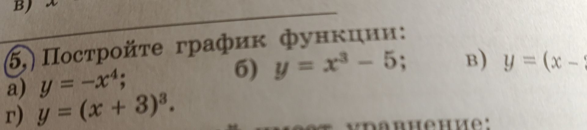 Фото задания: 5. Постройте график функции: а) \(y=-x^4\); б) \(y=x^3-5\); в) \(y=(x-\ldots\) [числовые данные обрезаны]; г) \(y=(x+3)^3\).