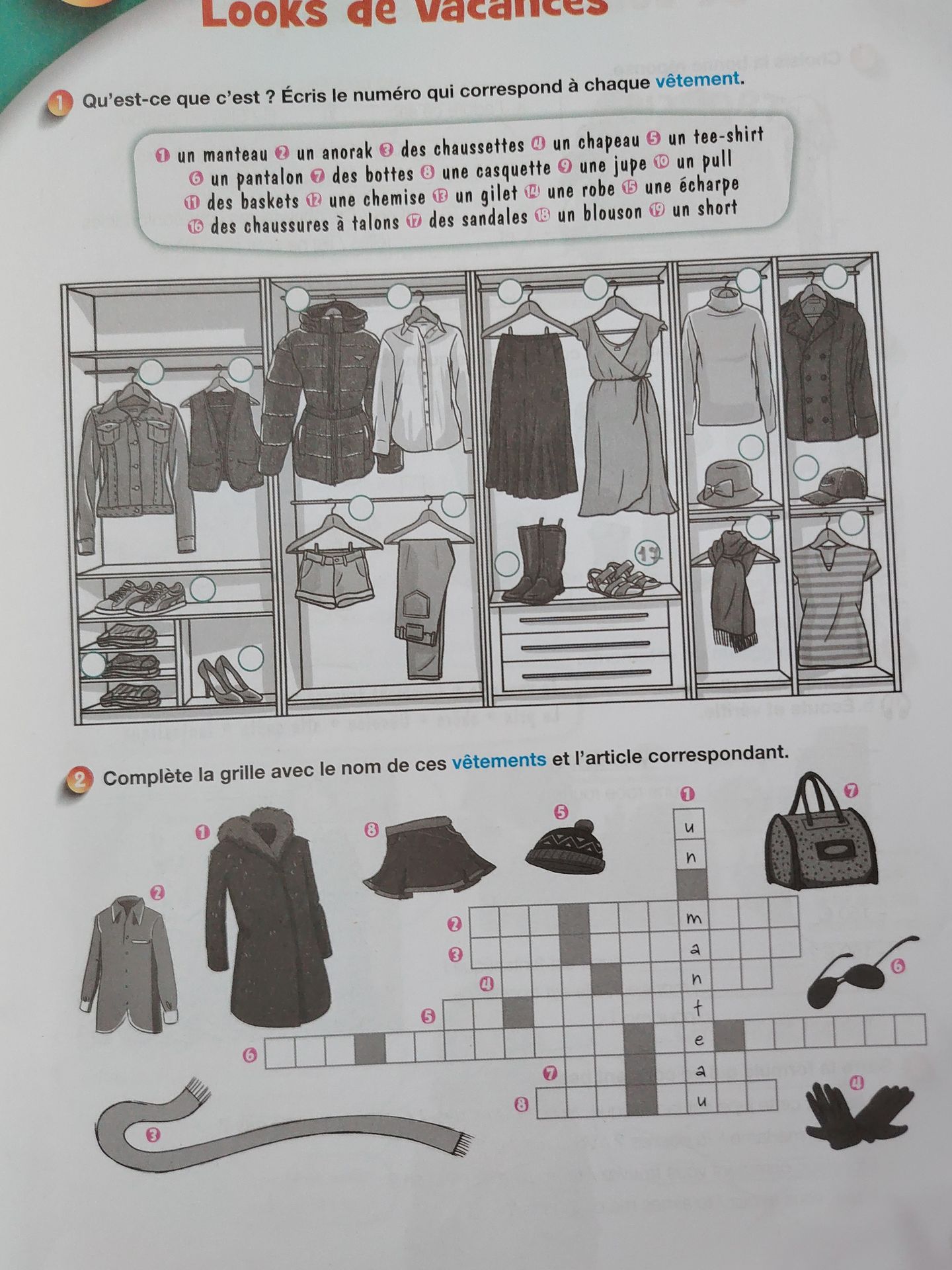 Фото задания: 2. Complète la grille avec le nom de ces vêtements et l’article correspondant.