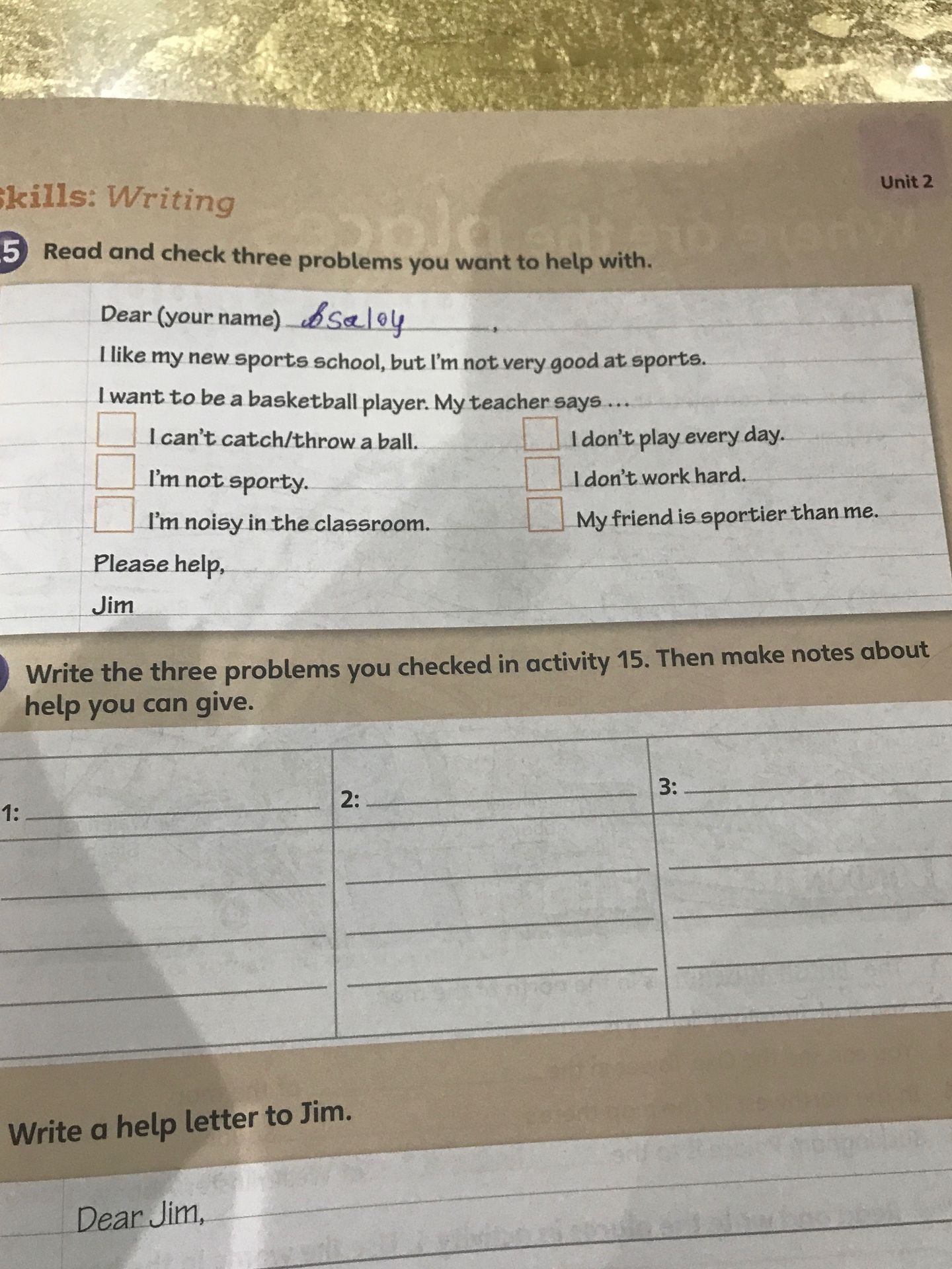Фото задания: Write the three problems you checked in activity 15. Then make notes about help you can give.