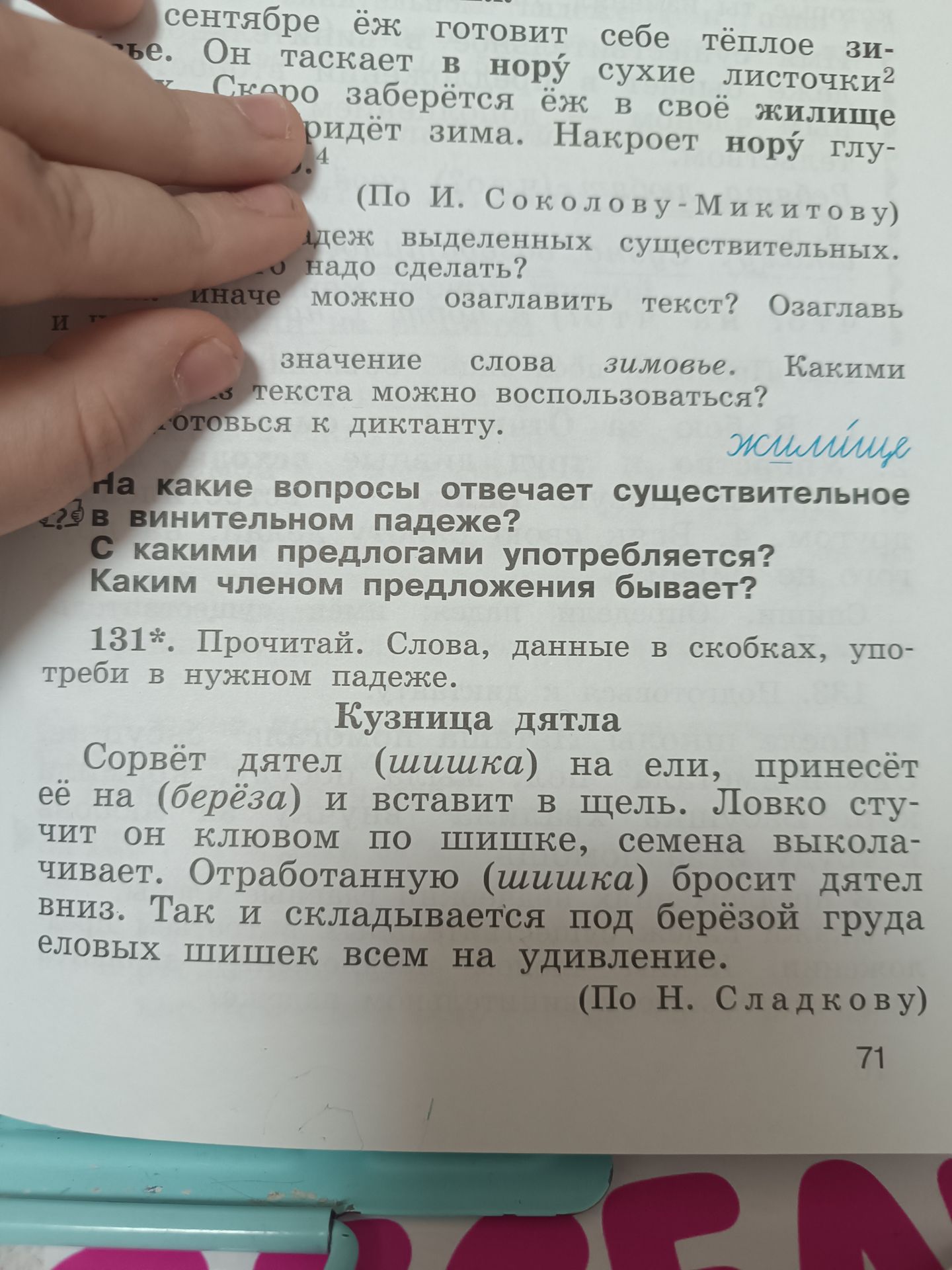 Фото задания: 131*. Прочитай. Слова, данные в скобках, употреби в нужном падеже. «Кузница дятла. Сорвёт дятел (шишка) на ели, принесёт её…