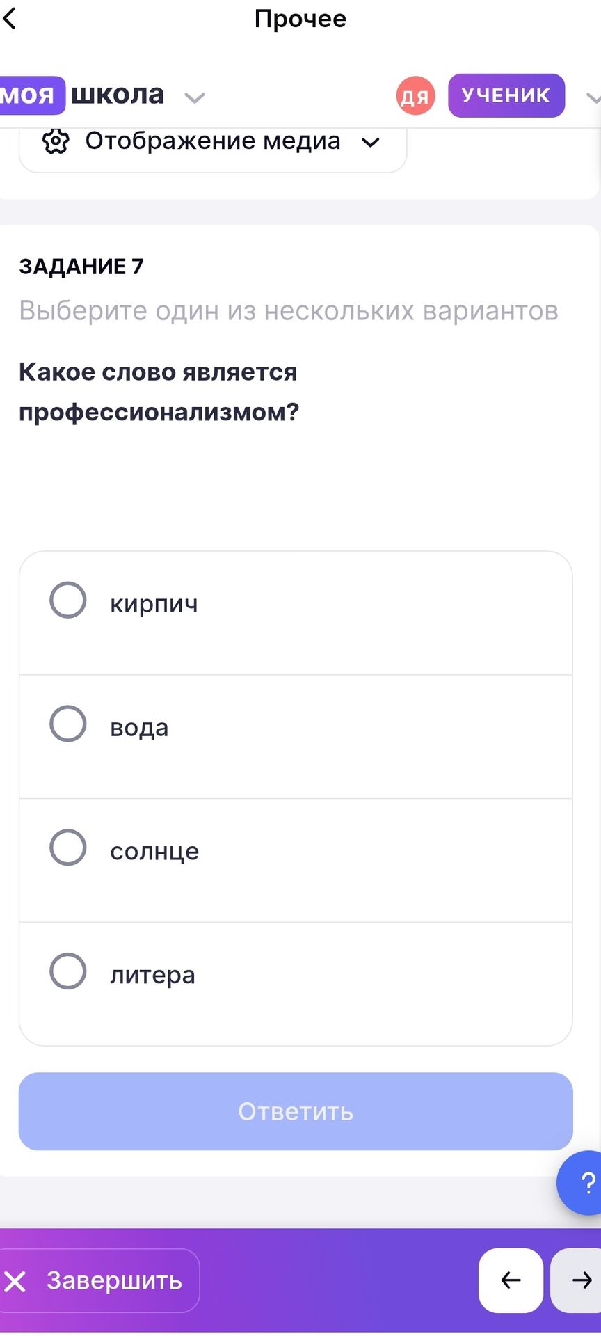 Фото задания: Задание 7. Какое слово является профессионализмом? Выберите один из вариантов: кирпич, вода, солнце, литера.