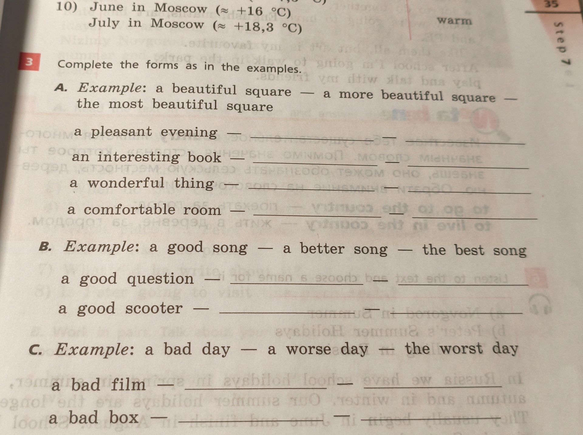 Фото задания: 3. Complete the forms as in the examples. A. a pleasant evening — ___ — ___; an interesting book — ___ — ___; a wonderful…