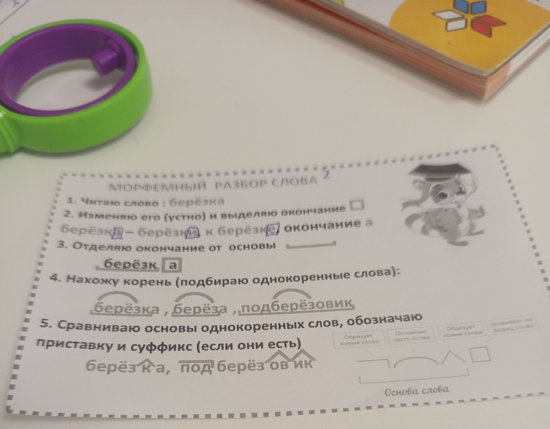 Фото задания: Морфемный разбор слова «берёзка»: 1. Читаю слово: берёзка. 2. Изменяю его (устно) и выделяю окончание: берёзка — берёзки, к…