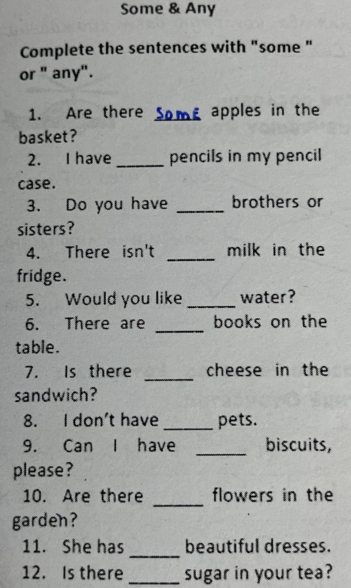 Фото задания: Complete the sentences with “some” or “any”. 1. Are there some apples in the basket? 2. I have _____ pencils in my pencil…