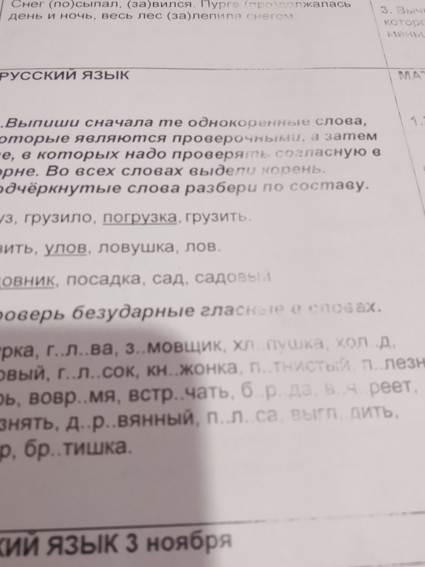 Фото задания: Проверь безударные гласные в словах. Список слов на снимке частично обрезан; читаются фрагменты: …рка, г..л..ва, з..мовщик,…