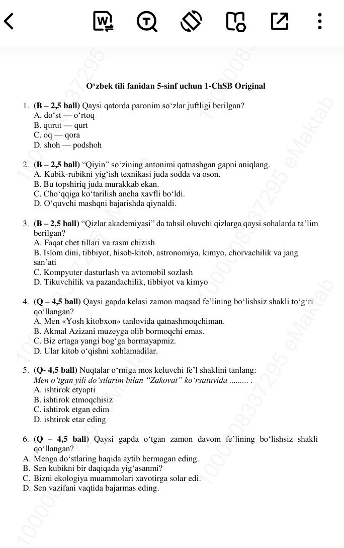 Фото задания: 3. (B – 2,5 ball) “Qizlar akademiyasi” da ta’lim oluvchi qizlarga qaysi sohalarda ta’lim berilgan? A. Faqat chet tillari va…