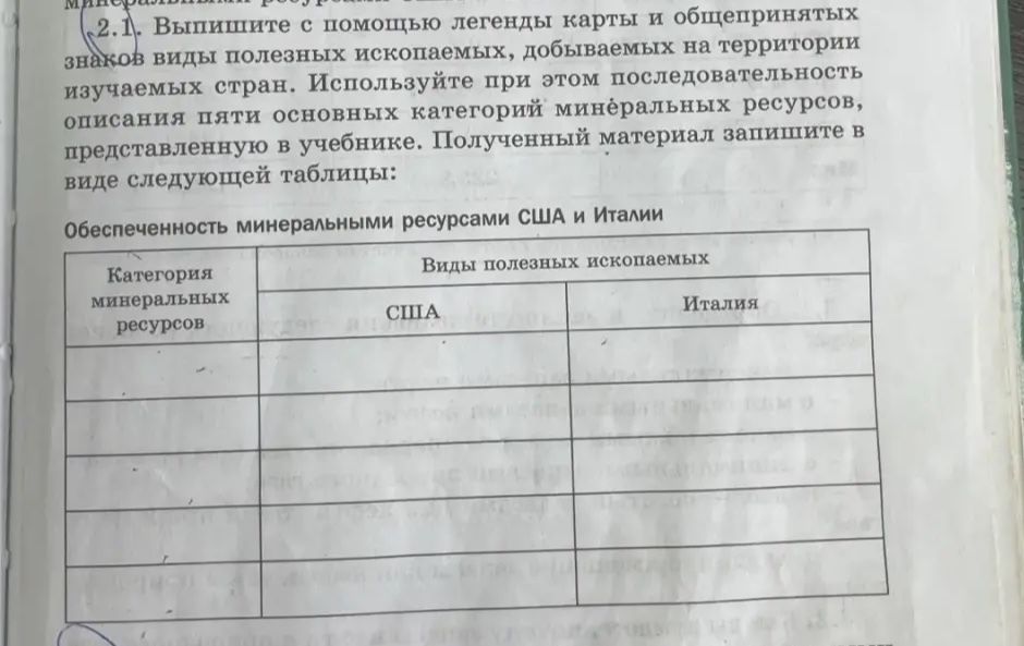 Фото задания: 2. Выпишите с помощью легенды карты и общепринятых знаков виды полезных ископаемых, добываемых на территории изучаемых стран.…