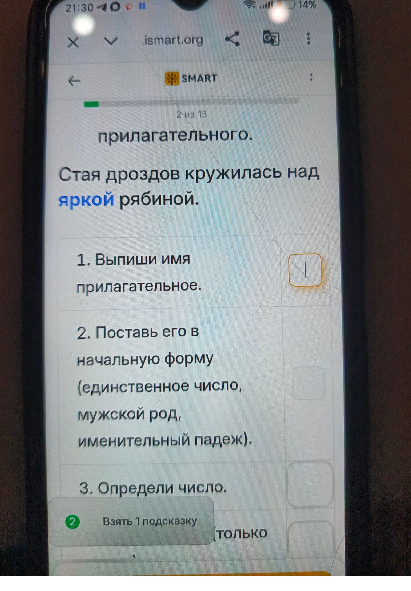 Фото задания: В предложении «Стая дроздов кружилась над яркой рябиной.» 1. Выпиши имя прилагательное. 2. Поставь его в начальную форму…