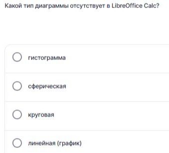Фото задания: Какой тип диаграммы отсутствует в LibreOffice Calc? Варианты: гистограмма; сферическая; круговая; линейная (график).