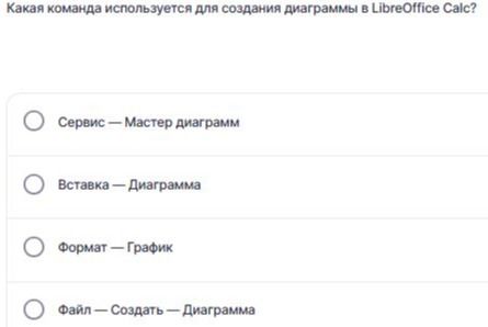 Фото задания: Какая команда используется для создания диаграммы в LibreOffice Calc? Варианты: «Сервис — Мастер диаграмм»; «Вставка —…