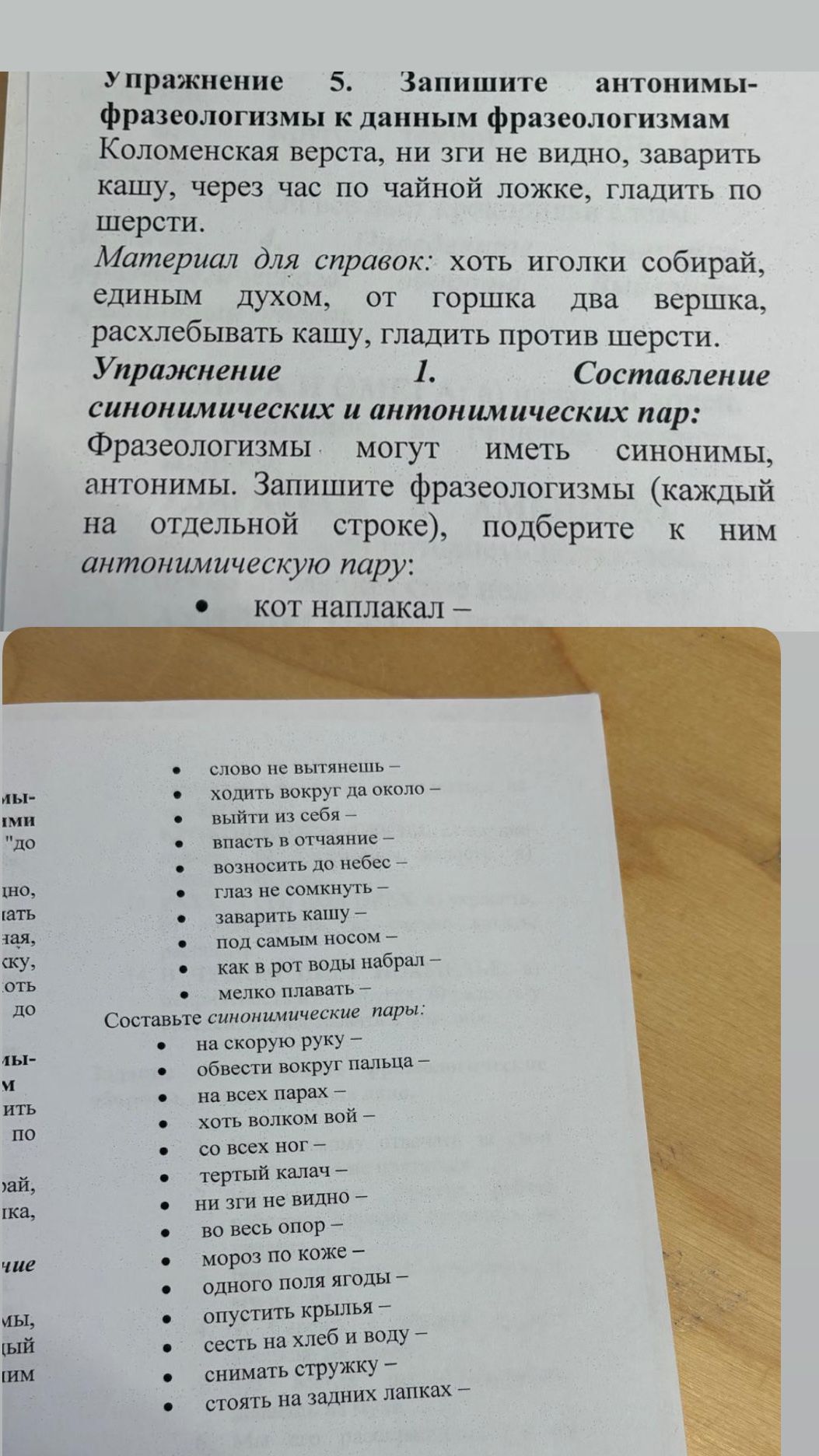 Фото задания: Упражнение 1. Составление синонимических и антонимических пар. Запишите фразеологизмы (каждый на отдельной строке), подберите…