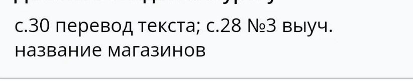 Фото задания: С. 30 — перевод текста; с. 28, № 3 — выучить названия магазинов.