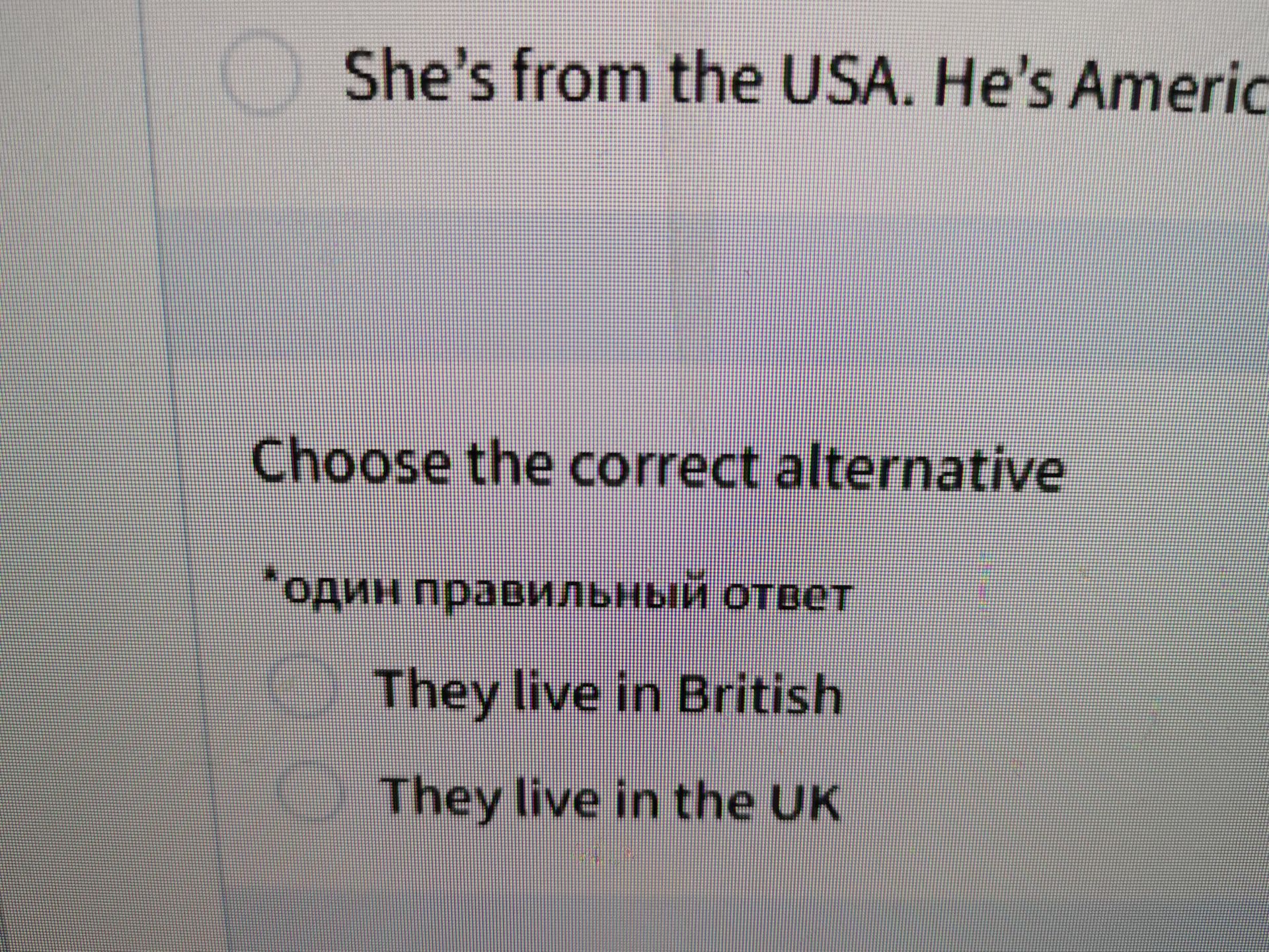 Фото задания: Choose the correct alternative. “They live in British …” / “They live in the UK.” The text above is partially cut off: “She’s…