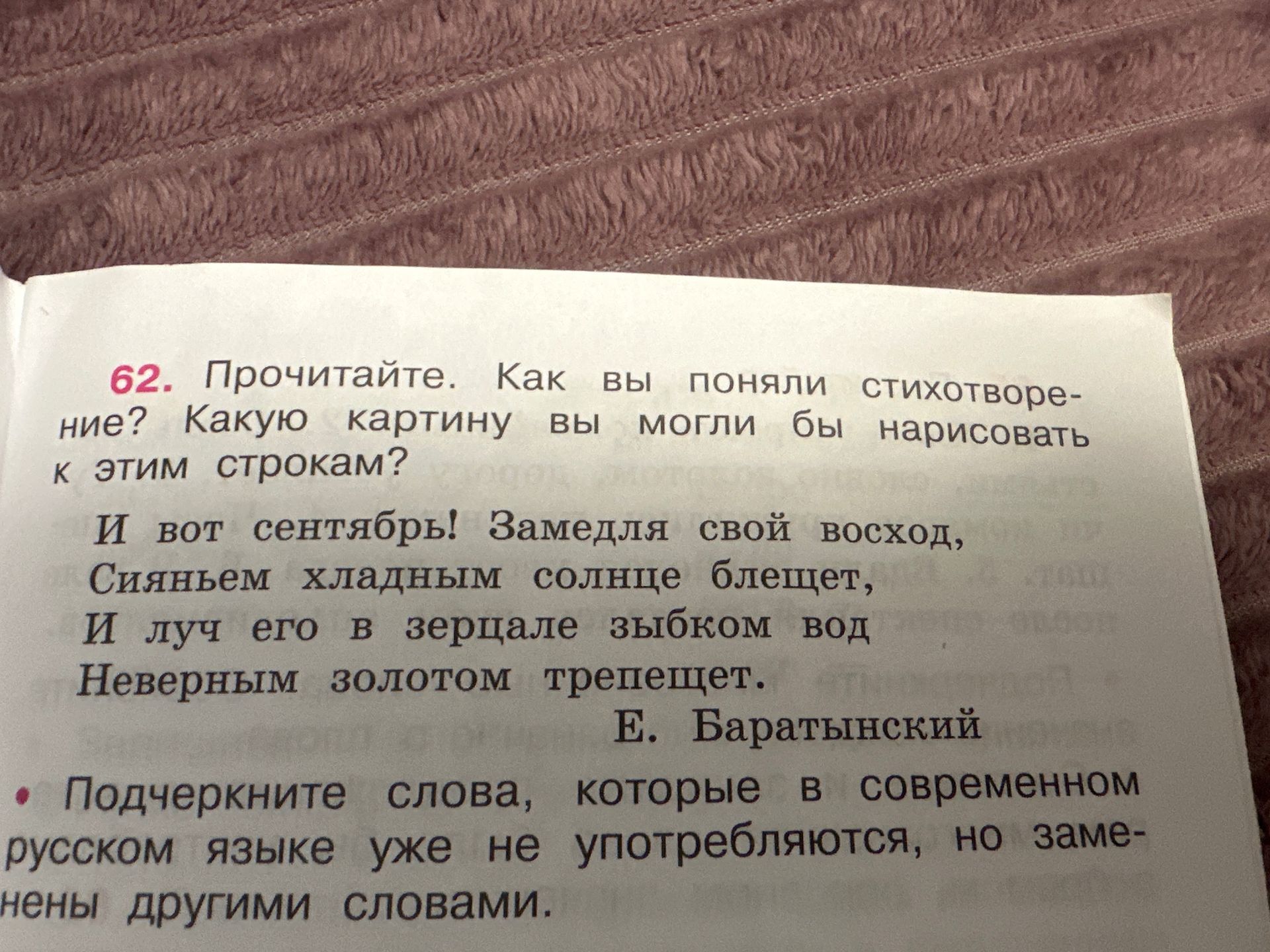 Фото задания: 62. Прочитайте. Как вы поняли стихотворение? Какую картину вы могли бы нарисовать к этим строкам? Е. Баратынский: «И вот…
