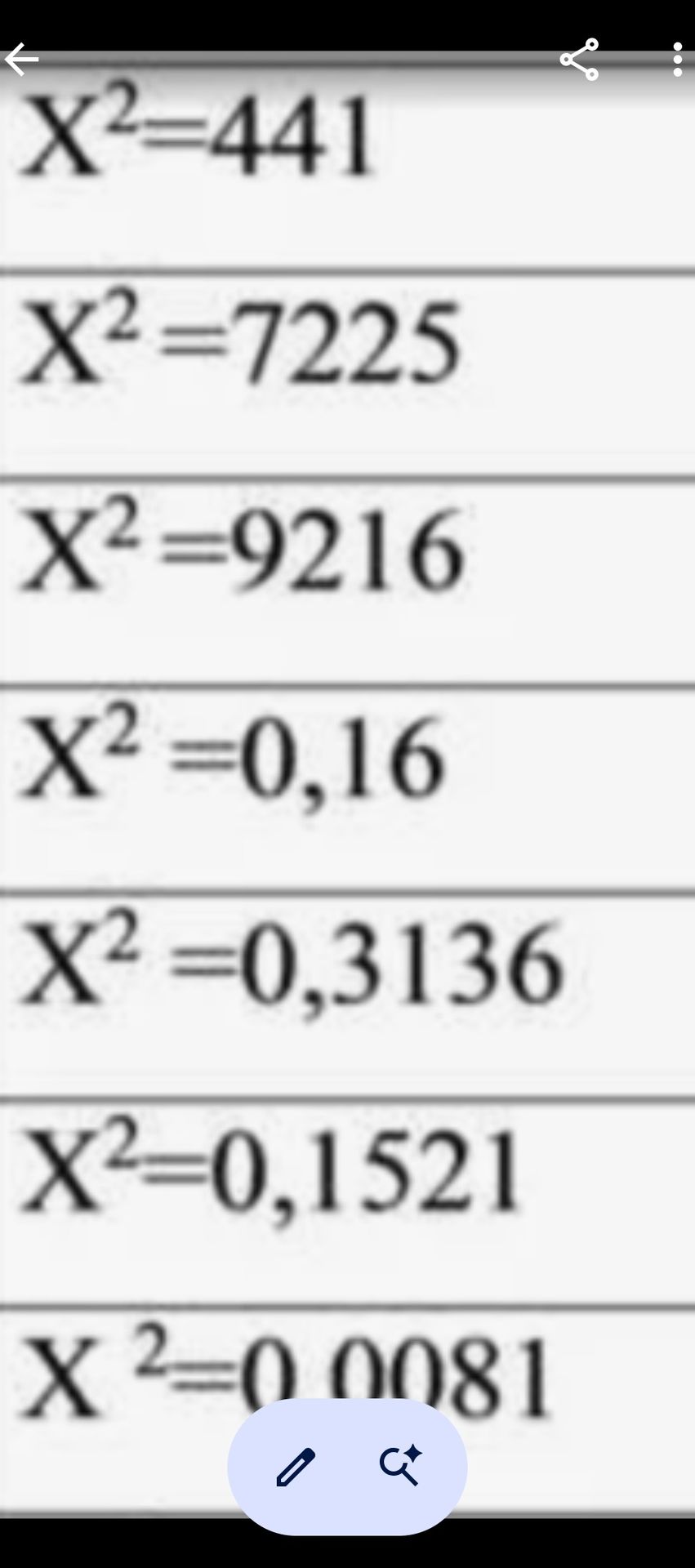 Фото задания: Решите уравнения: x² = 441; x² = 7225; x² = 9216; x² = 0,16; x² = 0,3136; x² = 0,1521; x² = 0,0081.