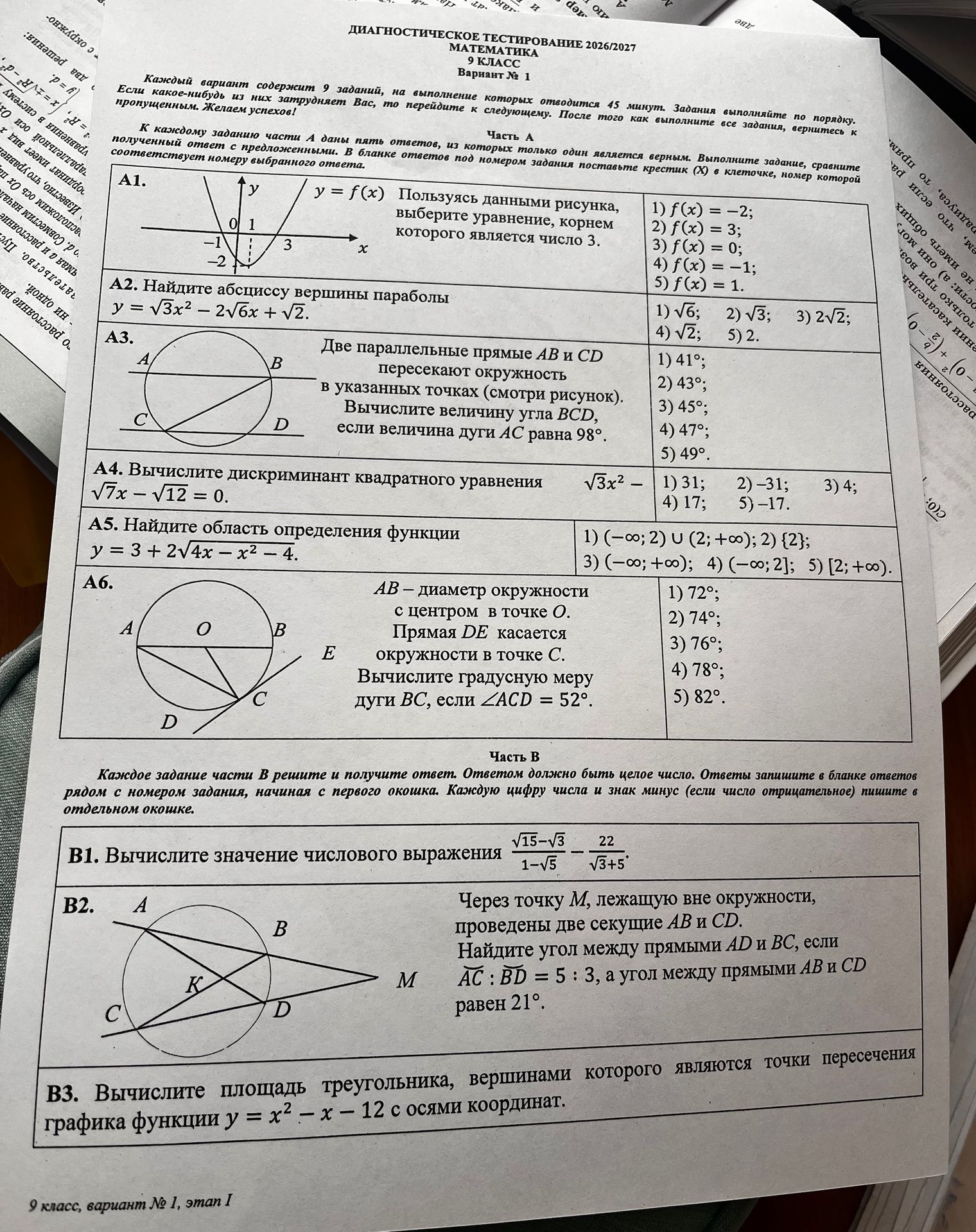 Фото задания: A2. Найдите абсциссу вершины параболы y = √3x² − 2√6x + √2.