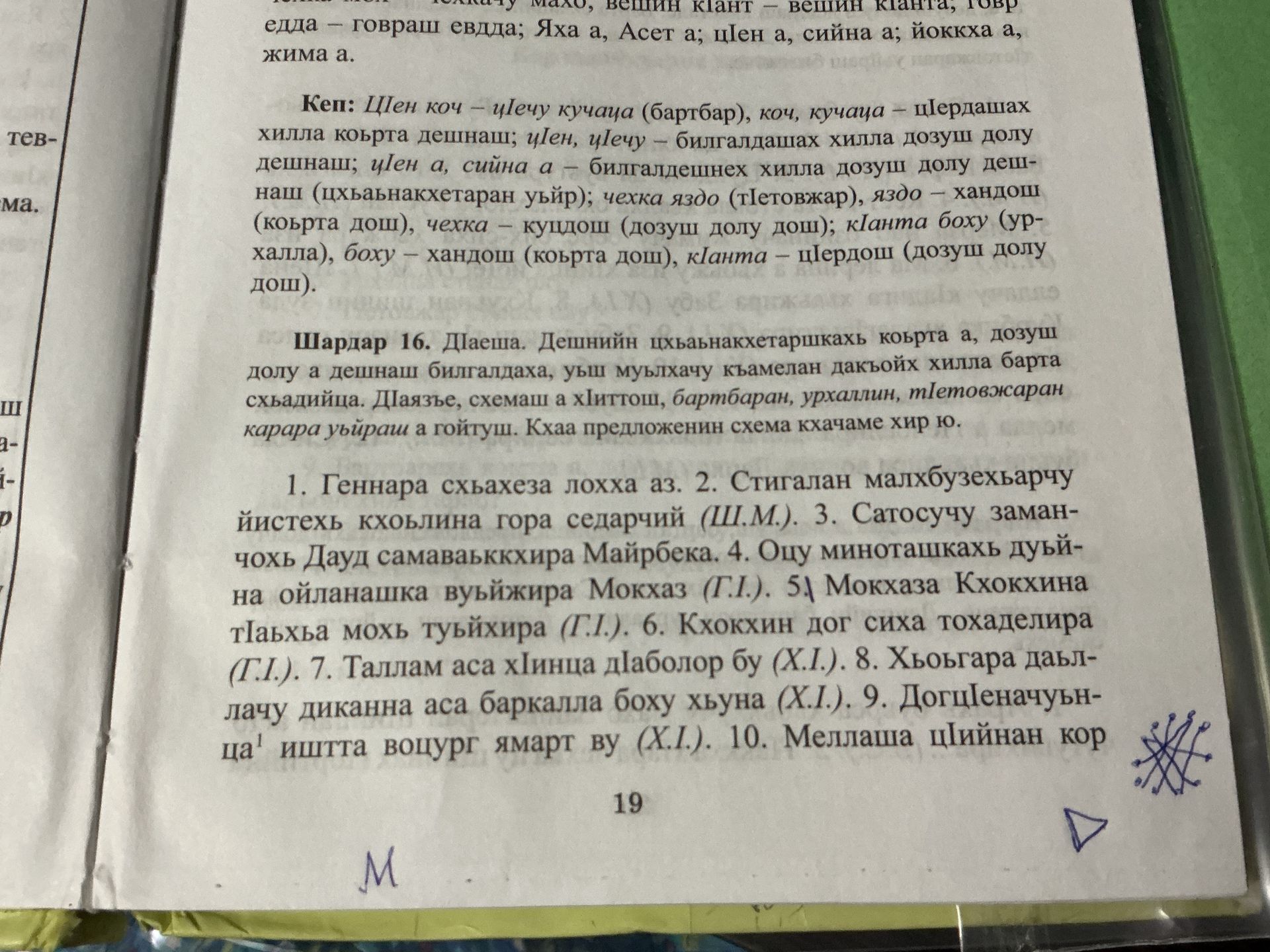 Фото задания: Шардар 16. [Инструкция и предложения приведены на чеченском языке; нижняя часть задания обрезана.] Видны пункты 1–9 и…