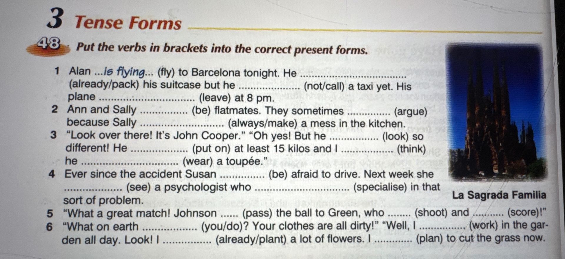 Фото задания: Exercise 48. Put the verbs in brackets into the correct present forms. 1. Alan … (fly) to Barcelona tonight. He ……