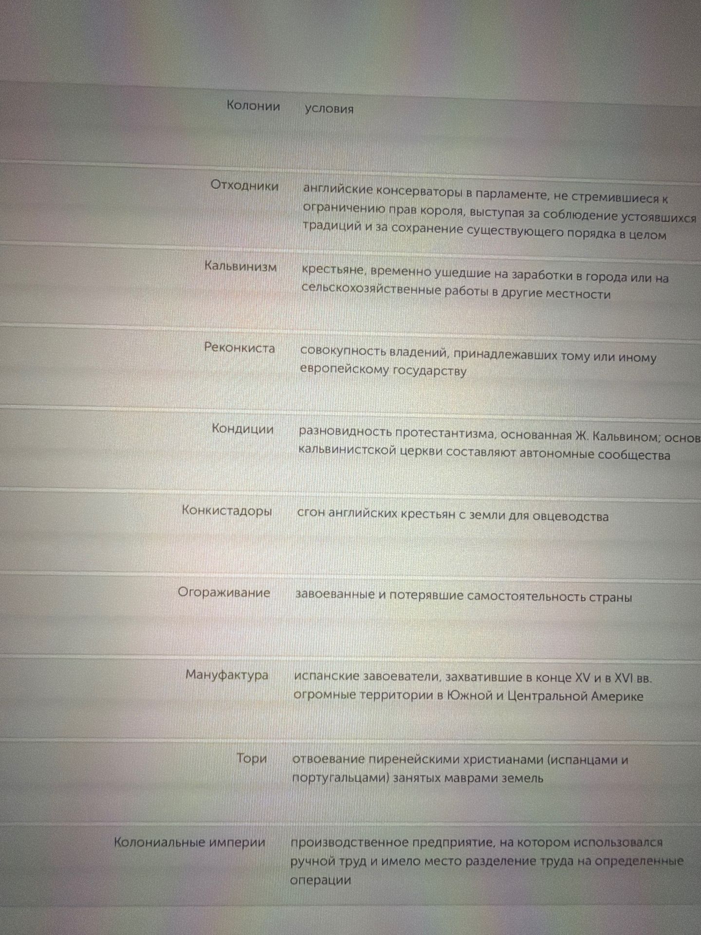 Фото задания: Соотнесите понятия с их определениями: колонии, отходники, кальвинизм, реконкиста, кондиции, конкистадоры, огораживание,…