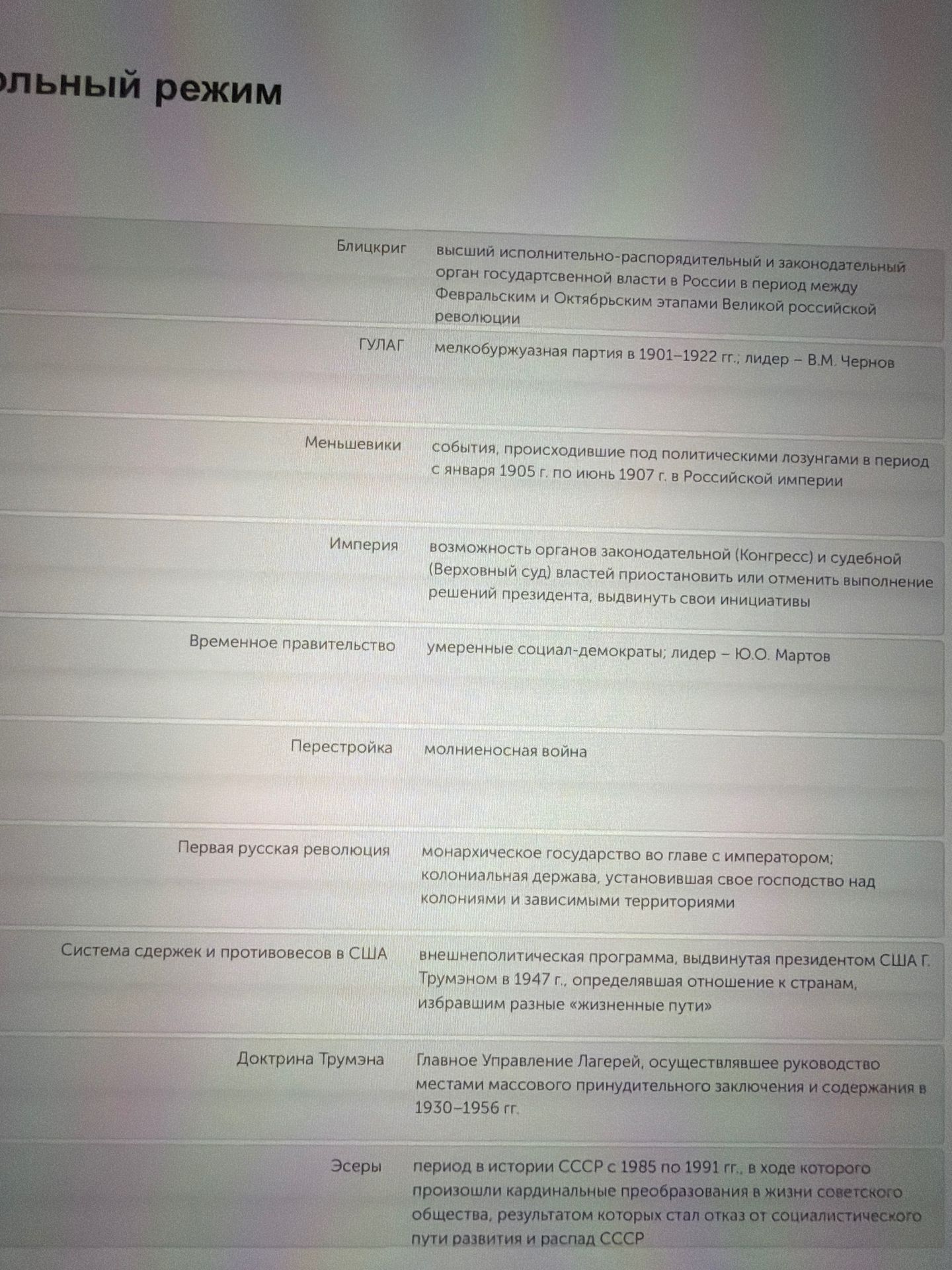 Фото задания: Установите соответствие между понятиями и их определениями: «Блицкриг»; «ГУЛАГ»; «Меньшевики»; «Империя»; «Временное…