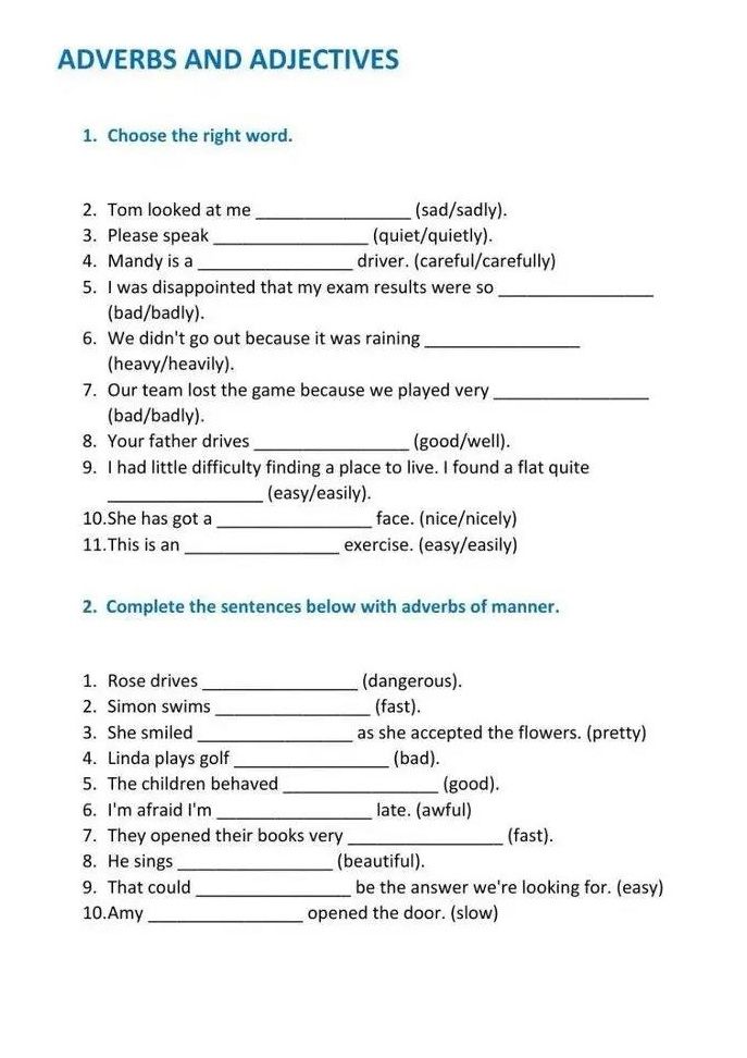 Фото задания: 1. Choose the right word. 2. Tom looked at me ______ (sad/sadly). 3. Please speak ______ (quiet/quietly). 4. Mandy is a…