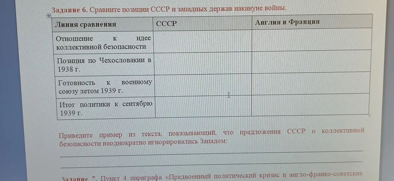 Фото задания: Задание 6. Сравните позиции СССР и западных держав накануне войны. Заполните таблицу: отношение к идее коллективной…