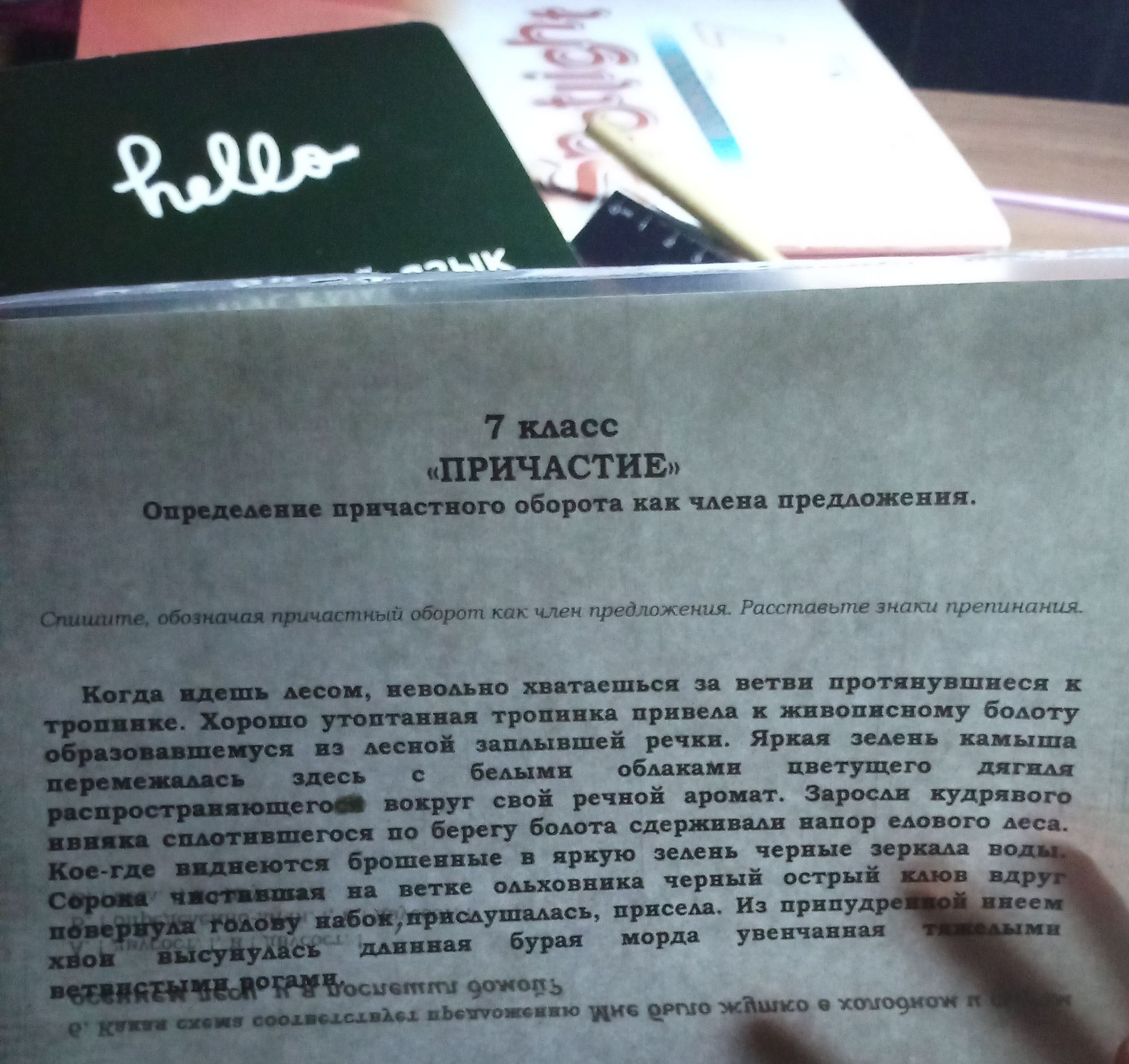 Фото задания: Спишите, обозначая причастный оборот как член предложения. Расставьте знаки препинания. Текст: Когда идешь лесом, невольно…