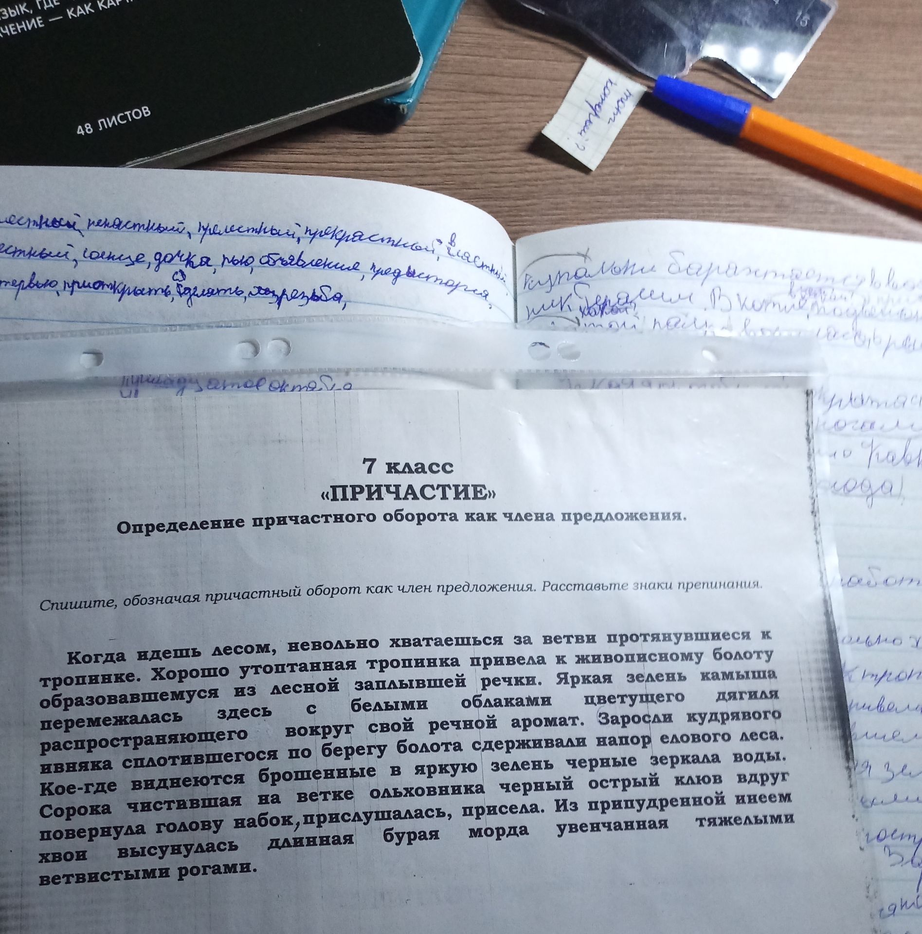 Фото задания: Спишите, обозначая причастный оборот как член предложения. Расставьте знаки препинания. Когда идешь лесом, невольно…