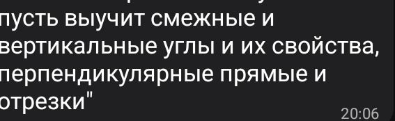 Фото задания: «Пусть выучит смежные и вертикальные углы и их свойства, перпендикулярные прямые и отрезки»