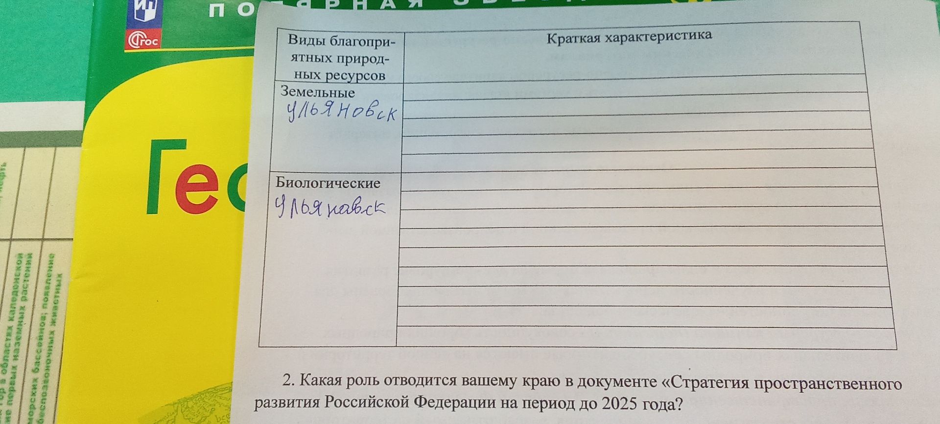 Фото задания: Заполнить таблицу «Виды благоприятных природных ресурсов — Краткая характеристика» для Ульяновской области: земельные и…