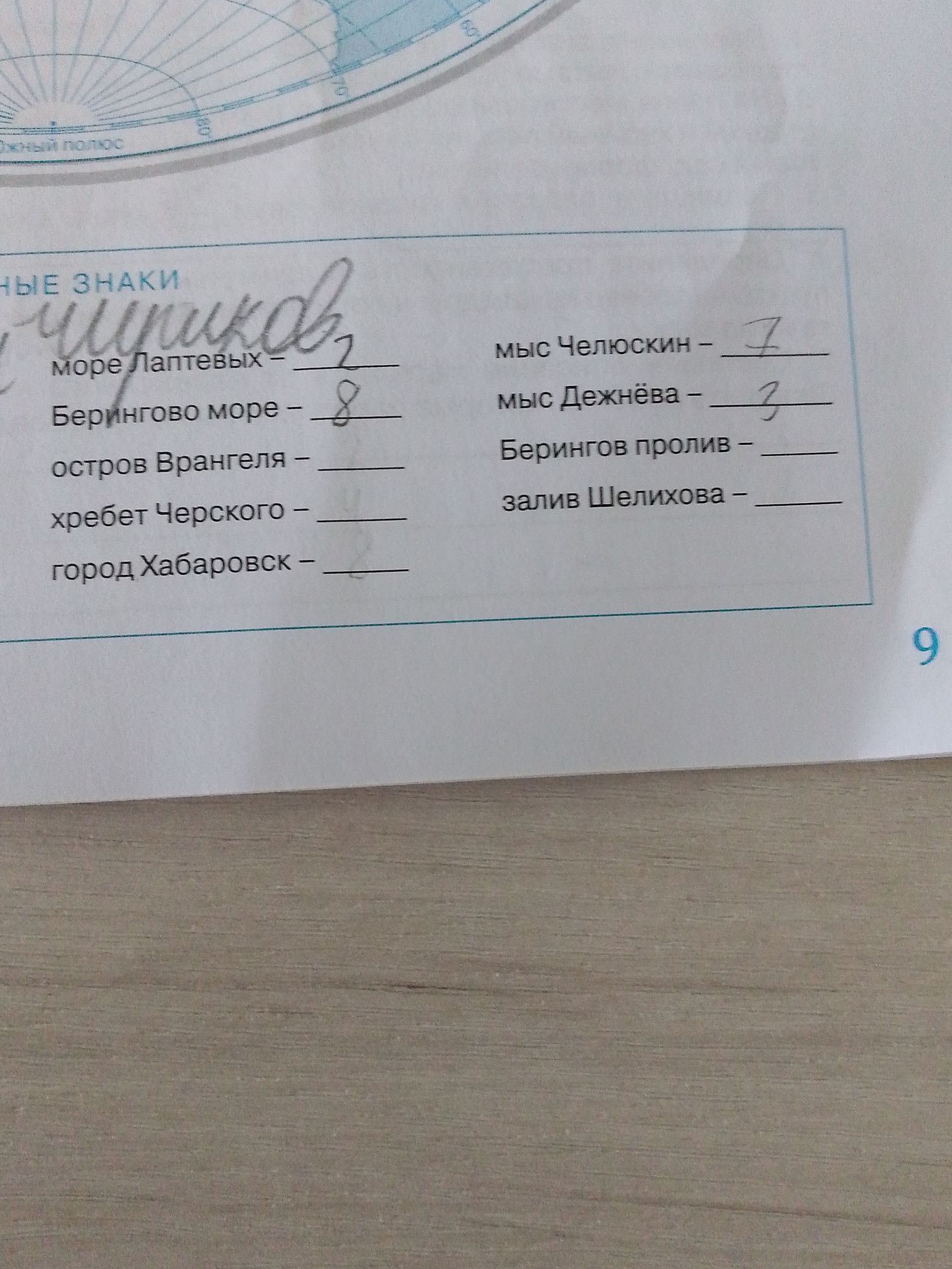 Фото задания: [Заголовок и инструкция обрезаны.] Соотнесите географические объекты с номерами на карте: море Лаптевых; Берингово море;…