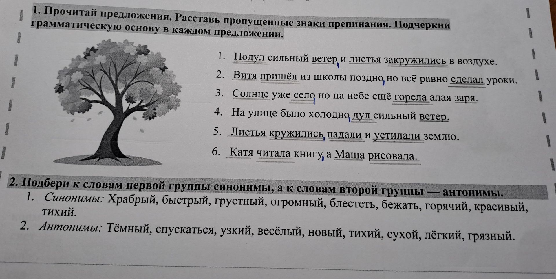 Фото задания: 1. Прочитай предложения. Расставь пропущенные знаки препинания. Подчеркни грамматическую основу в каждом предложении. 1)…