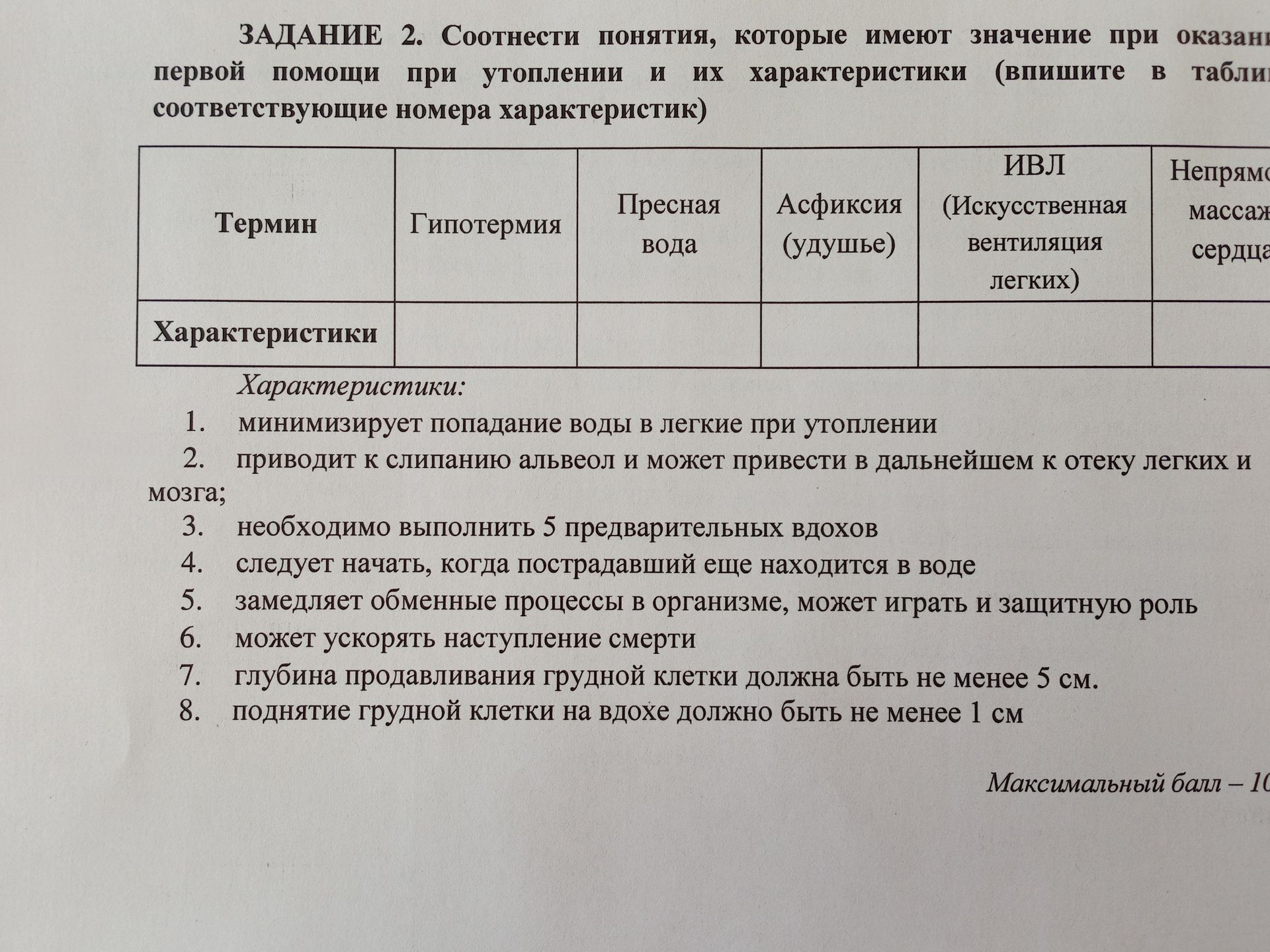 Фото задания: Задание 2. Соотнести понятия, которые имеют значение при оказании первой помощи при утоплении, и их характеристики (впишите в…