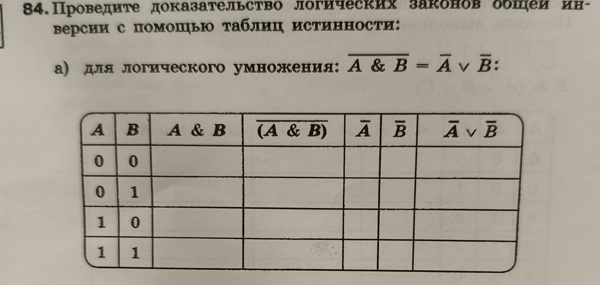 Фото задания: 84. Докажите с помощью таблиц истинности: а) для логического умножения: ¬(A & B) = ¬A ∨ ¬B.
