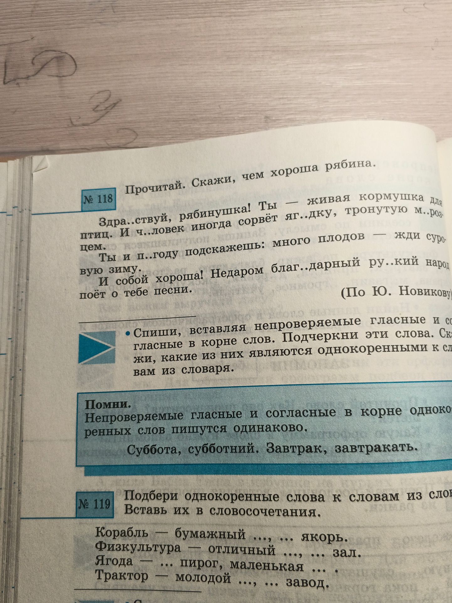 Фото задания: № 118. Прочитай. Скажи, чем хороша рябина. Здравствуй, рябинушка! Ты — живая кормушка для птиц. И человек иногда сорвёт…