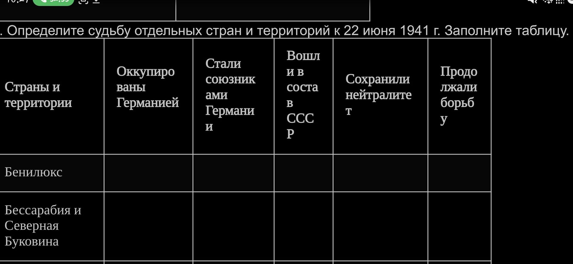 Фото задания: Определите судьбу отдельных стран и территорий к 22 июня 1941 г. Заполните таблицу: Бенилюкс; Бессарабия и Северная Буковина.…