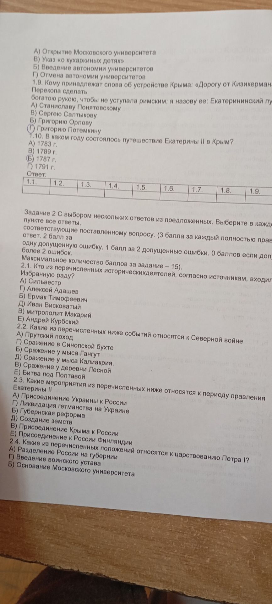 Фото задания: 1.10. В каком году состоялось путешествие Екатерины II в Крым? А) 1783 г. В) 1789 г. Б) 1787 г. Г) 1791 г.