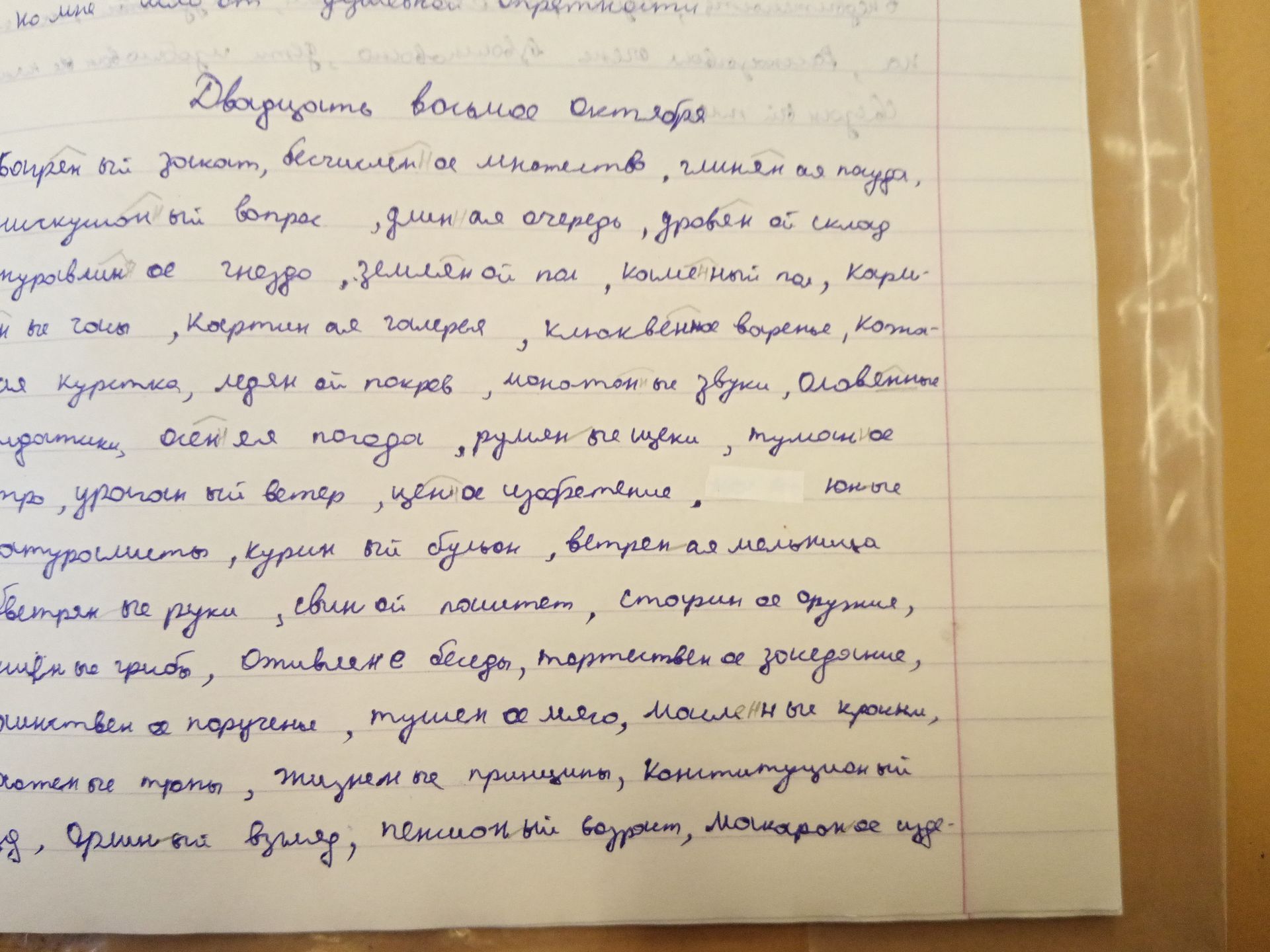 Фото задания: На изображении — рукописный список слов и словосочетаний; явное задание и его инструкция не видны.