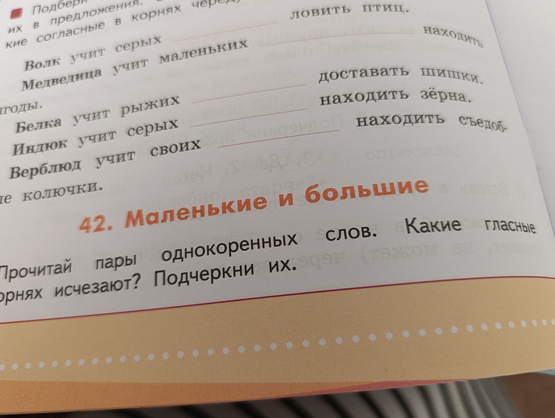 Фото задания: Подбери слова в предложения. Волк учит серых ___ ловить птиц. Медведица учит маленьких ___ находить ягоды. Белка учит рыжих…