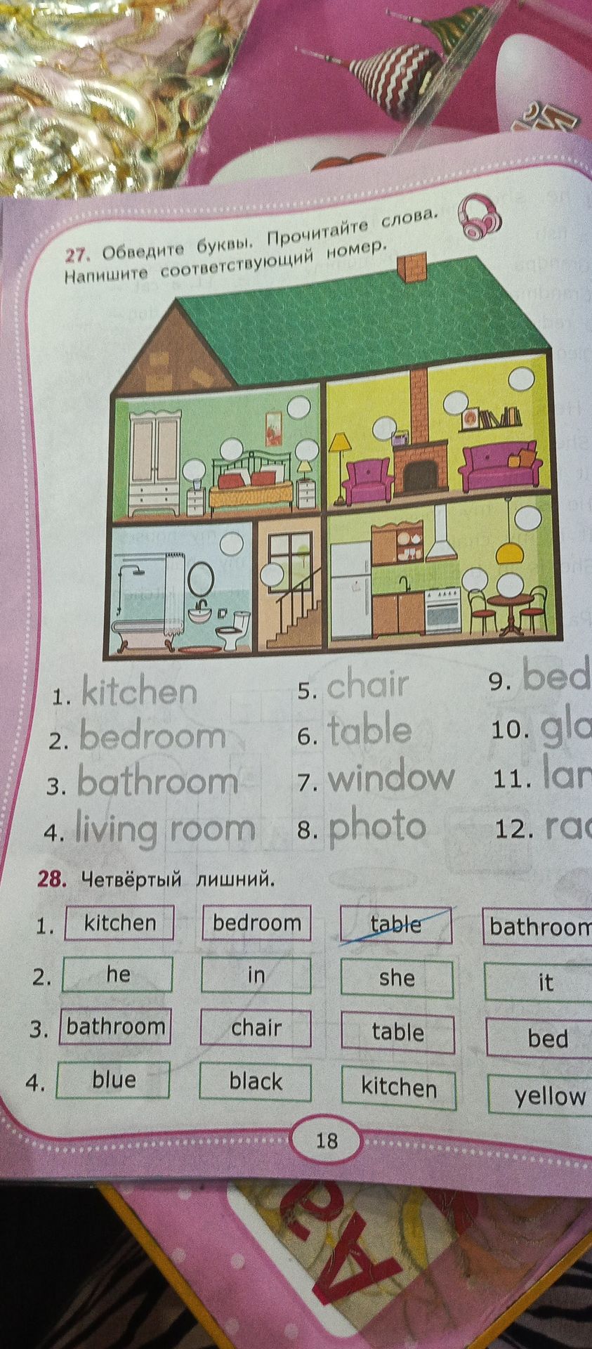Фото задания: 28. Четвёртый лишний. 1) kitchen, bedroom, table, bathroom; 2) he, in, she, it; 3) bathroom, chair, table, bed; 4) blue,…