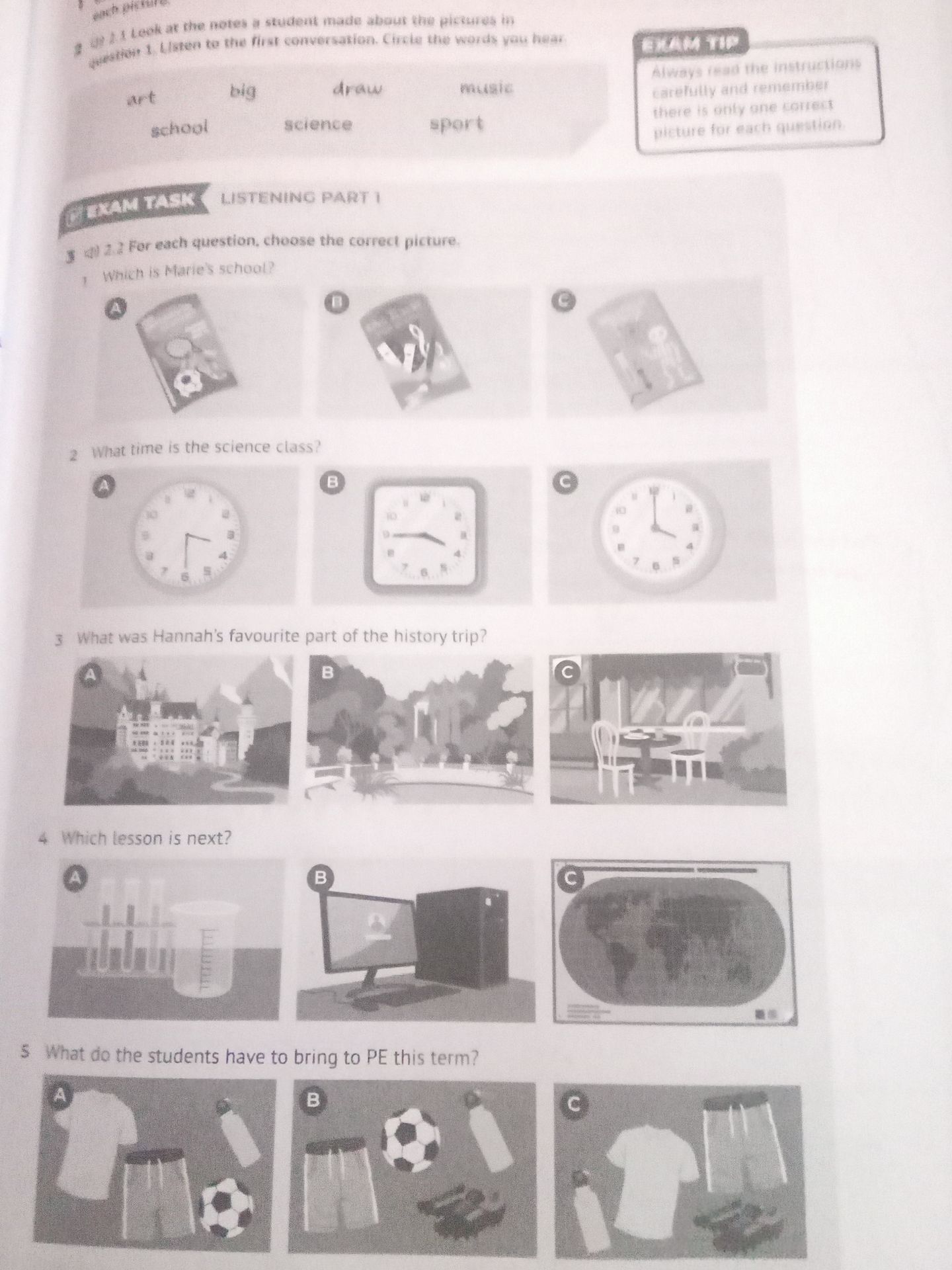 Фото задания: 3. Exam Task. Listening Part 1. For each question, choose the correct picture. 1) Which is Marie’s school? 2) What time is…