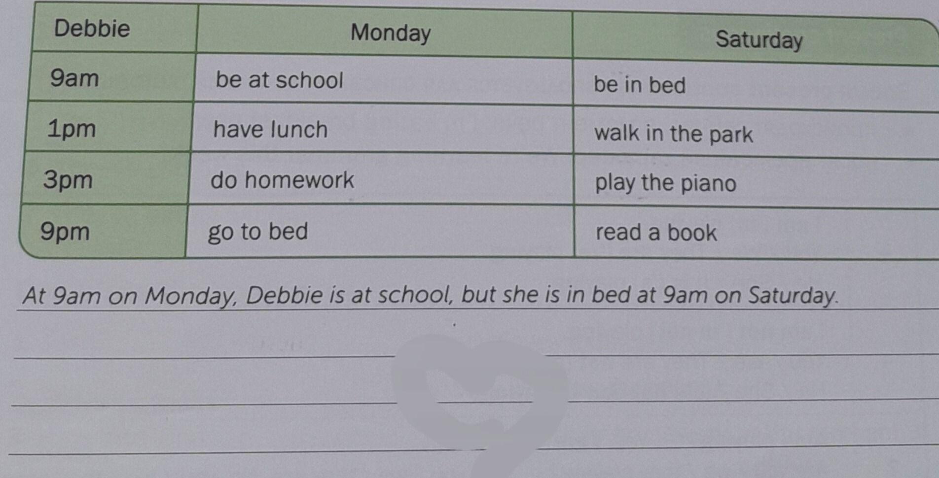 Фото задания: Make sentences about Debbie using the table and the example: “At 9am on Monday, Debbie is at school, but she is in bed at 9am…