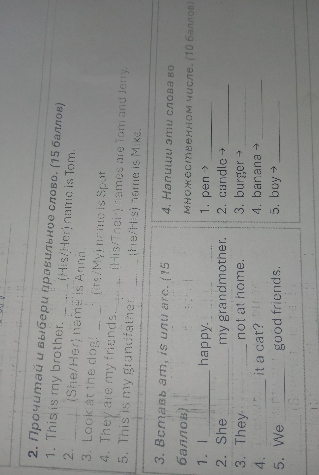 Фото задания: 4. Напиши эти слова во множественном числе. (10 баллов) 1. pen → 2. candle → 3. burger → 4. banana → 5. boy →